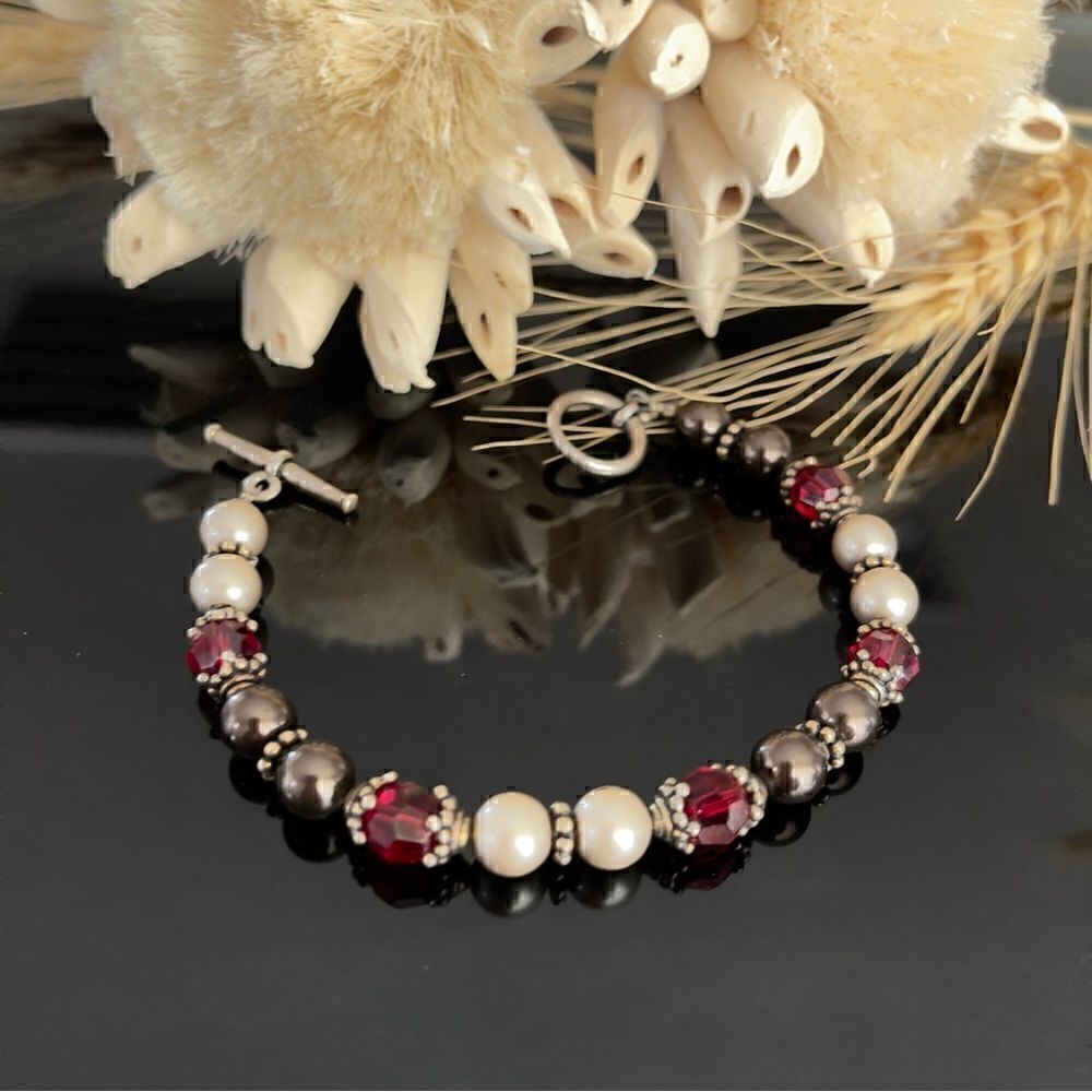 Sterling silver beaded red and authentic Pearl bracelet